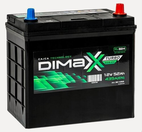 Изображение товара Аккумулятор автомобильный Dimaxx Asia 52 А/ч 435 А обр. пол. тонк. кл. B24L Азия авто (238x129x227) 301052