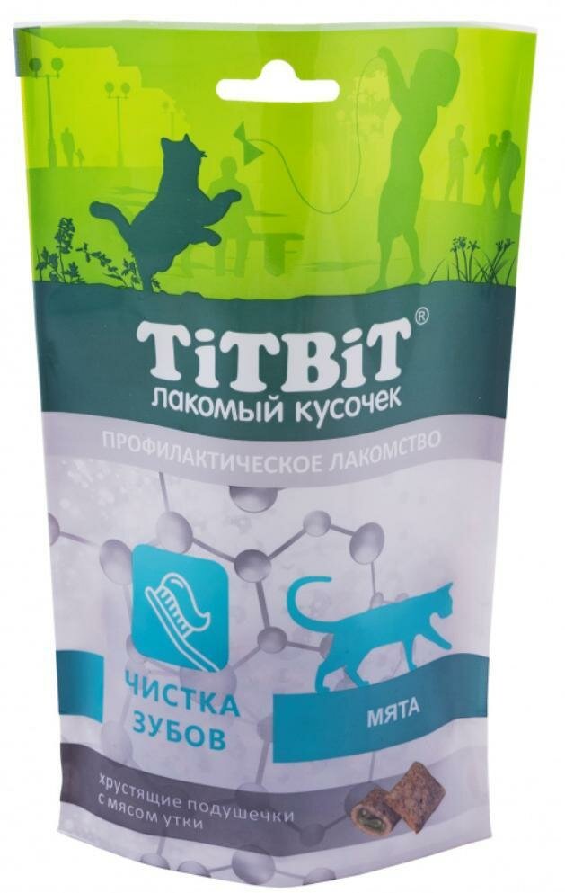 Лакомства TitBit для кошек Хрустящие подушечки с мясом утки для чистки зубов 60г (10 штук)