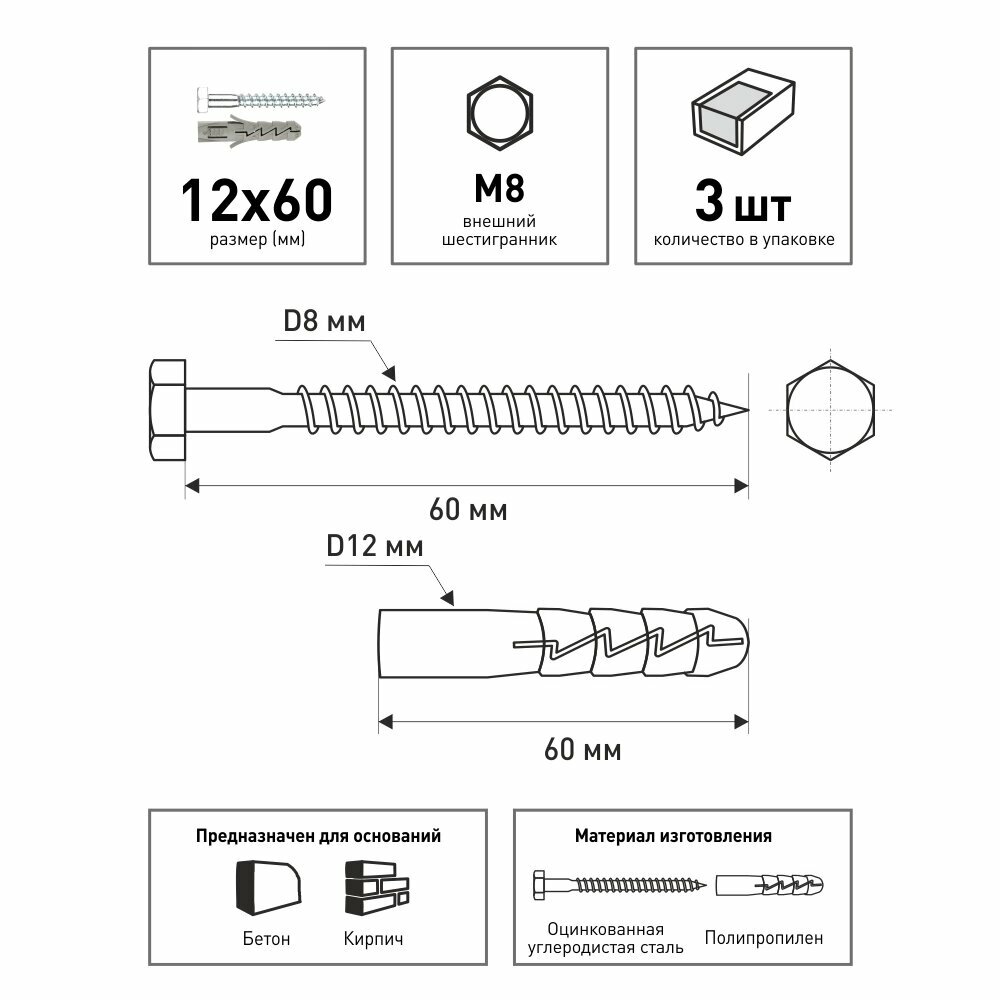 Изображение Дюбель распорный KOELNER 12х60 мм с шурупом 8х60 мм 3 шт