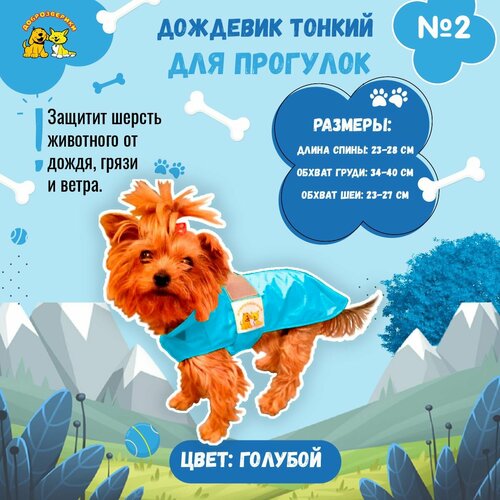 Дождевик для собак Доброзверики, №2, тонкий, голубой (длина спины 23-28 см)