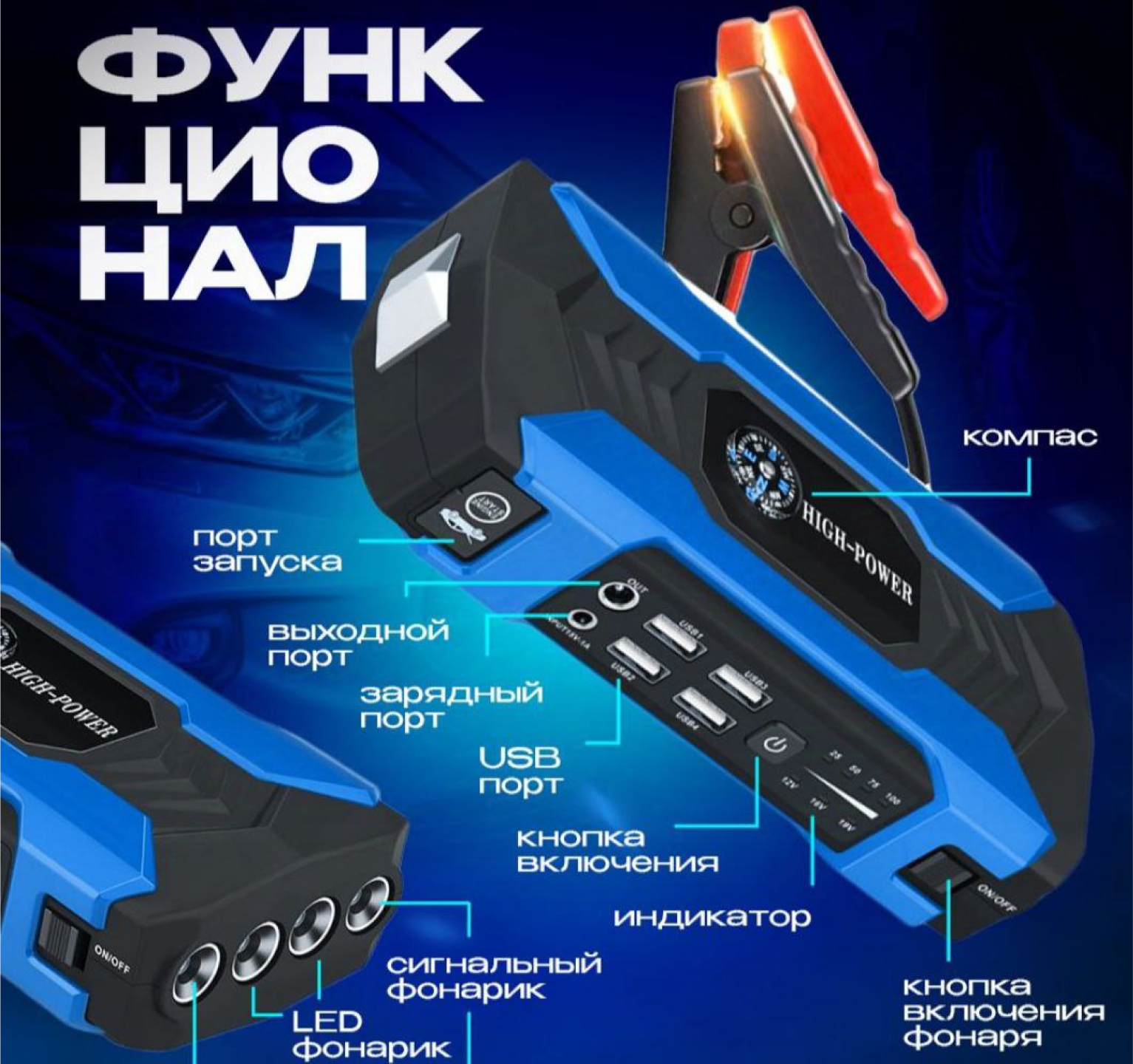 Пусковое портативное зарядное устройство для автомобиля / бустер пусковой автомобильный 28000 мA*ч — фото 1