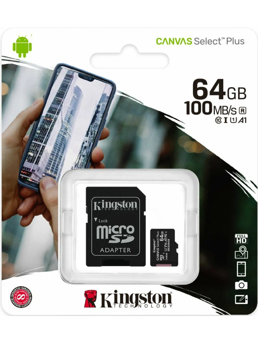 Карта памяти Kingston Canvas Select Plus microSDXC 64 ГБ Class 10, UHS-I U1, 100 МБ/с, адаптер SD