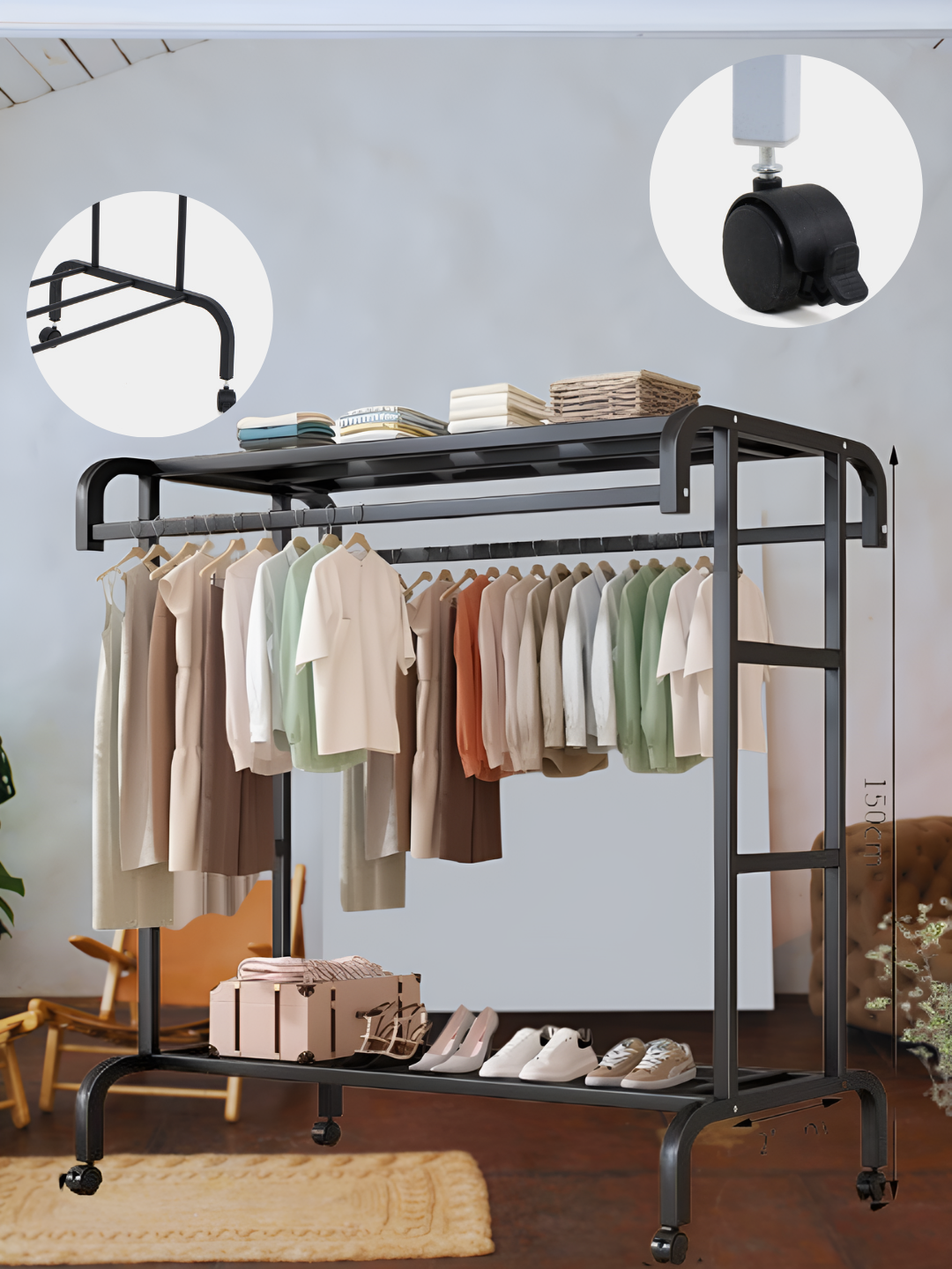 Вешалка широкослойная, двухуровневая, для одежды, обуви, сумок, с полкой, складная