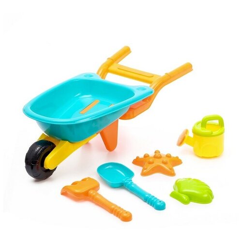 фото Песочный набор «тачка», 6 предметов: тележка, лопатка, грабли, сито, 2 формочки mikimarket