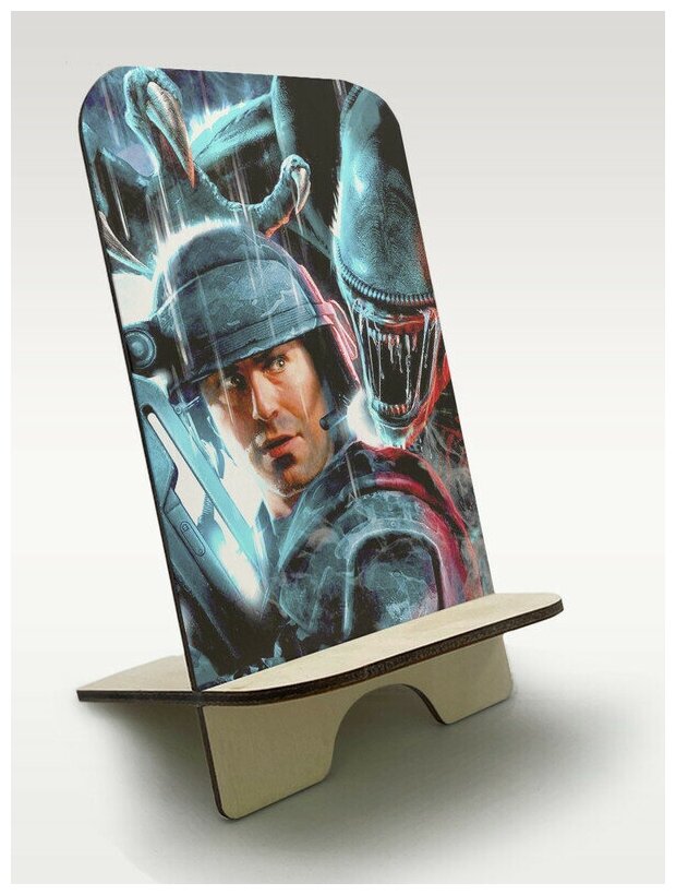 Подставка держатель для телефона из дерева c рисунком принтом УФ Игры Aliens Colonial Marines ( PS Xbox PC Switch) - 2442