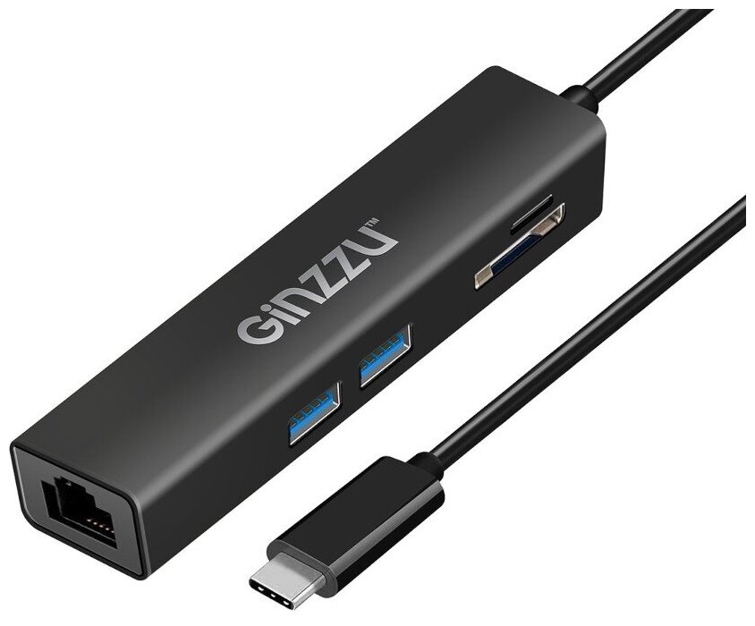 Карт-ридер Ginzzu EXT GR-568UB USB Type-C - RJ45+2xUSB 3.0/microSD/SD Black 17433