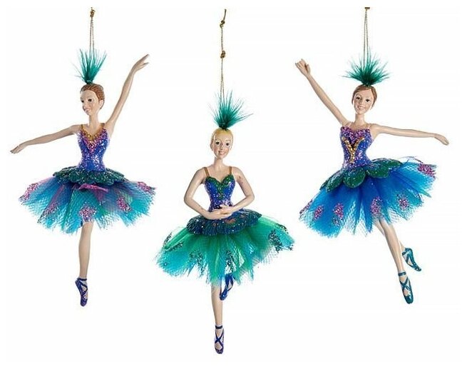 Ёлочное украшение "Балерина павлинье пёрышко", полистоун, 15.2 см, разные модели, Kurts Adler
