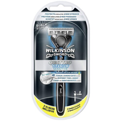 Wilkinson Sword Quattro Titatium BLACK EDITION / Бритвенный станок Quattro с 2-мя кассетами и подставкой