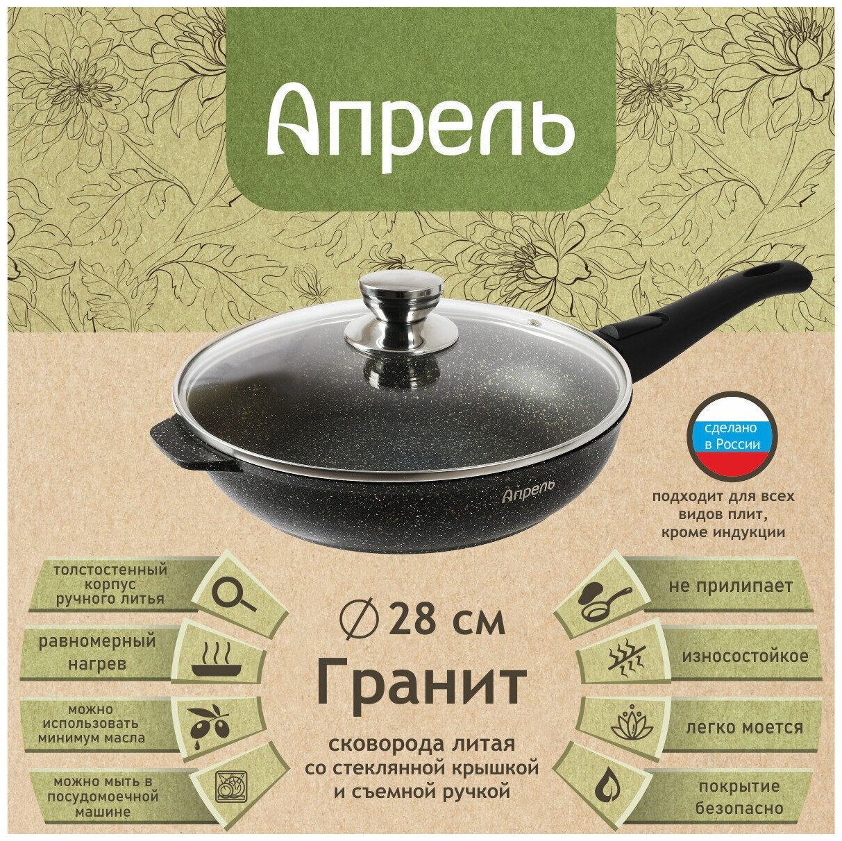 Сковорода Апрель 28 см Гранит с антипригарным покрытием со съемной ручкой и крышкой - фотография № 2