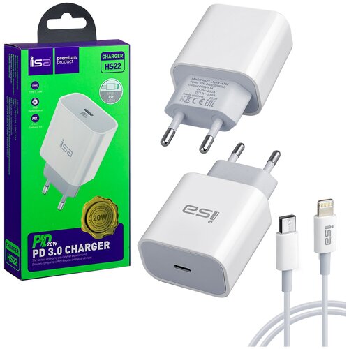 блок питания type c быстрая зарядка usb c pd 20w совместим с apple и android Переходник СЗУ Type-C на Lightning 20W HS22 ISA