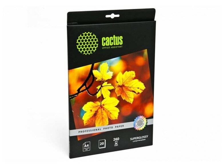 Фотобумага Cactus Prof, A4, для струйной печати, 20л, 260г/м2, белый, покрытие глянцевое [cs-hga426020]