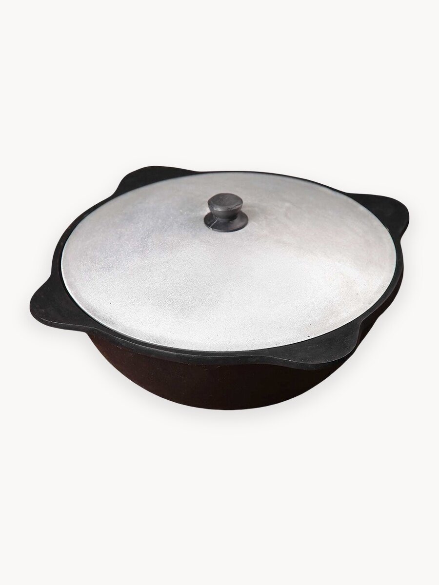 Казан чугунный узбекский 8 л с плоским дном с алюминиевой крышкой GOODGRILL