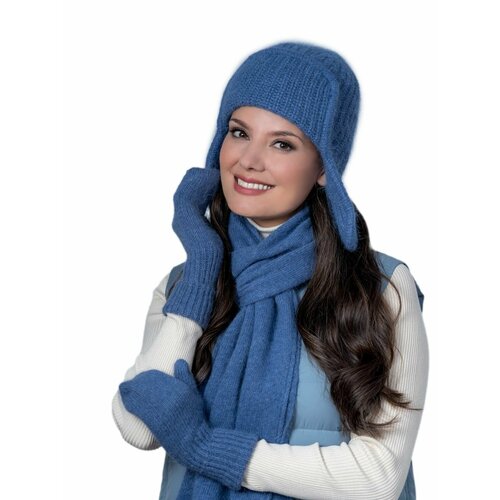 фото Шапка ушанка landre зимняя, ангора, подкладка, вязаная, утепленная, размер 56-59 см, синий