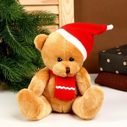 фото Мягкая игрушка «медвежонок», в новогоднем колпаке, 20 см, цвет коричневый no brand