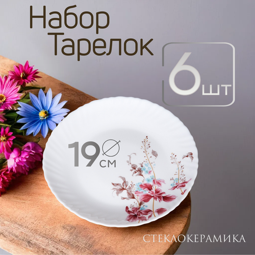 Тарелка 190 мм Олеандр набор 6 штук плоская десертная с цветами