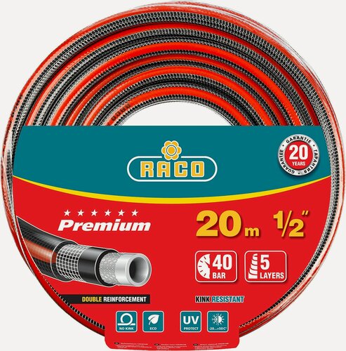 Изображение товара RACO PREMIUM, 1/2″, 20 м, 40 атм, пятислойный, усиленный двумя слоями армирования, поливочный шланг (40300-1/2-20)