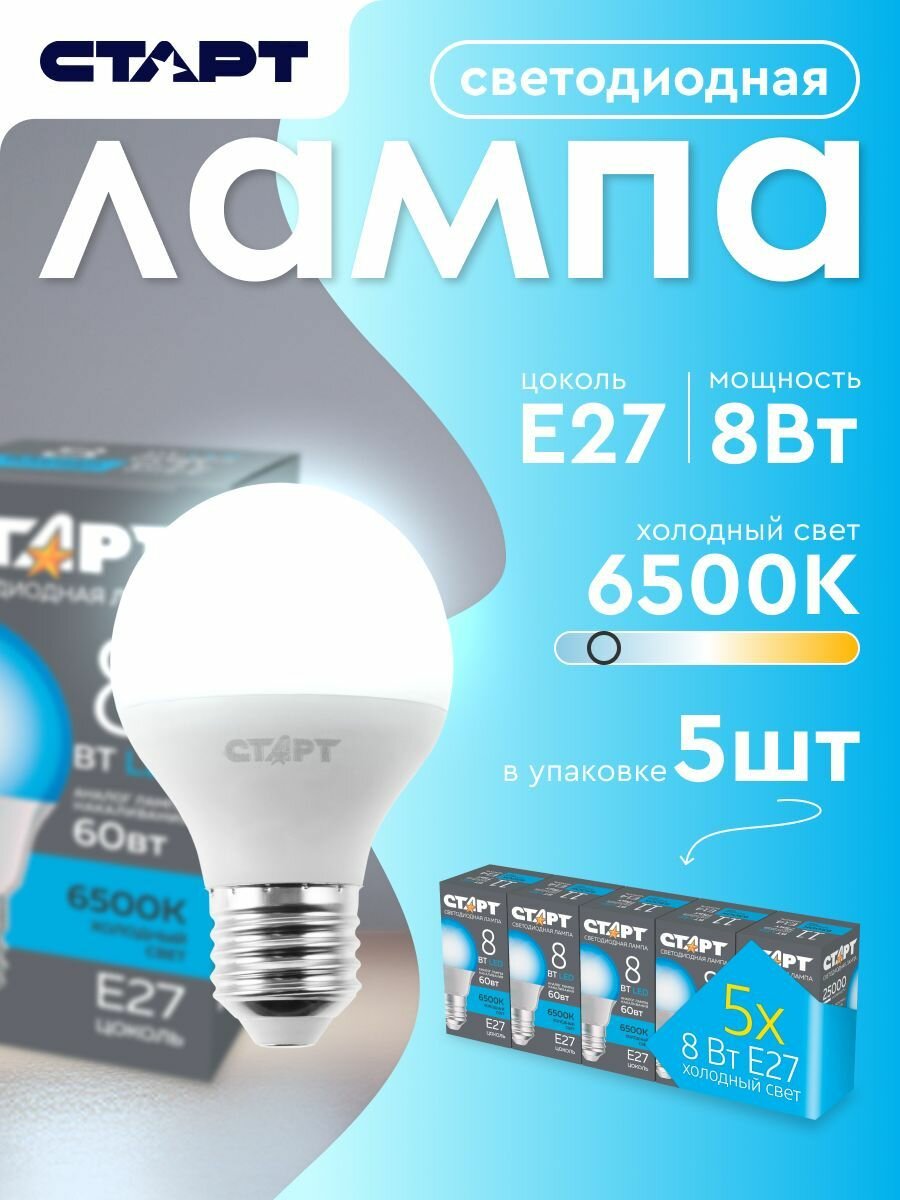 Лампочка светодиодная Е27 "Шар" 8Вт 6500К холодный свет 5 штук