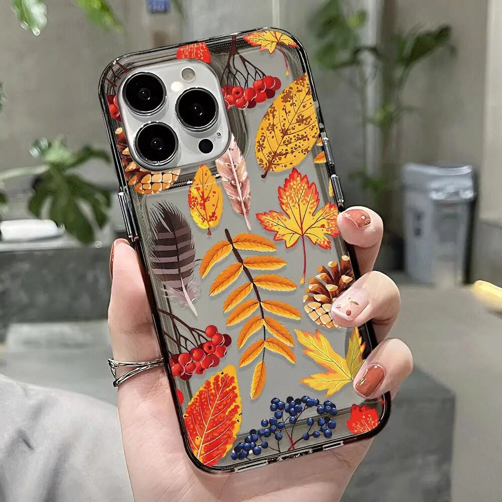 Прозрачный чехол для телефона с рисунком осенних листьев, подходит для iPhone 16, 16Pro, 16Pro Max, 16Plus до 11, 12, 13, 14, 15 серий, black-FFD017391, TPU, For iPhone16 Pro
