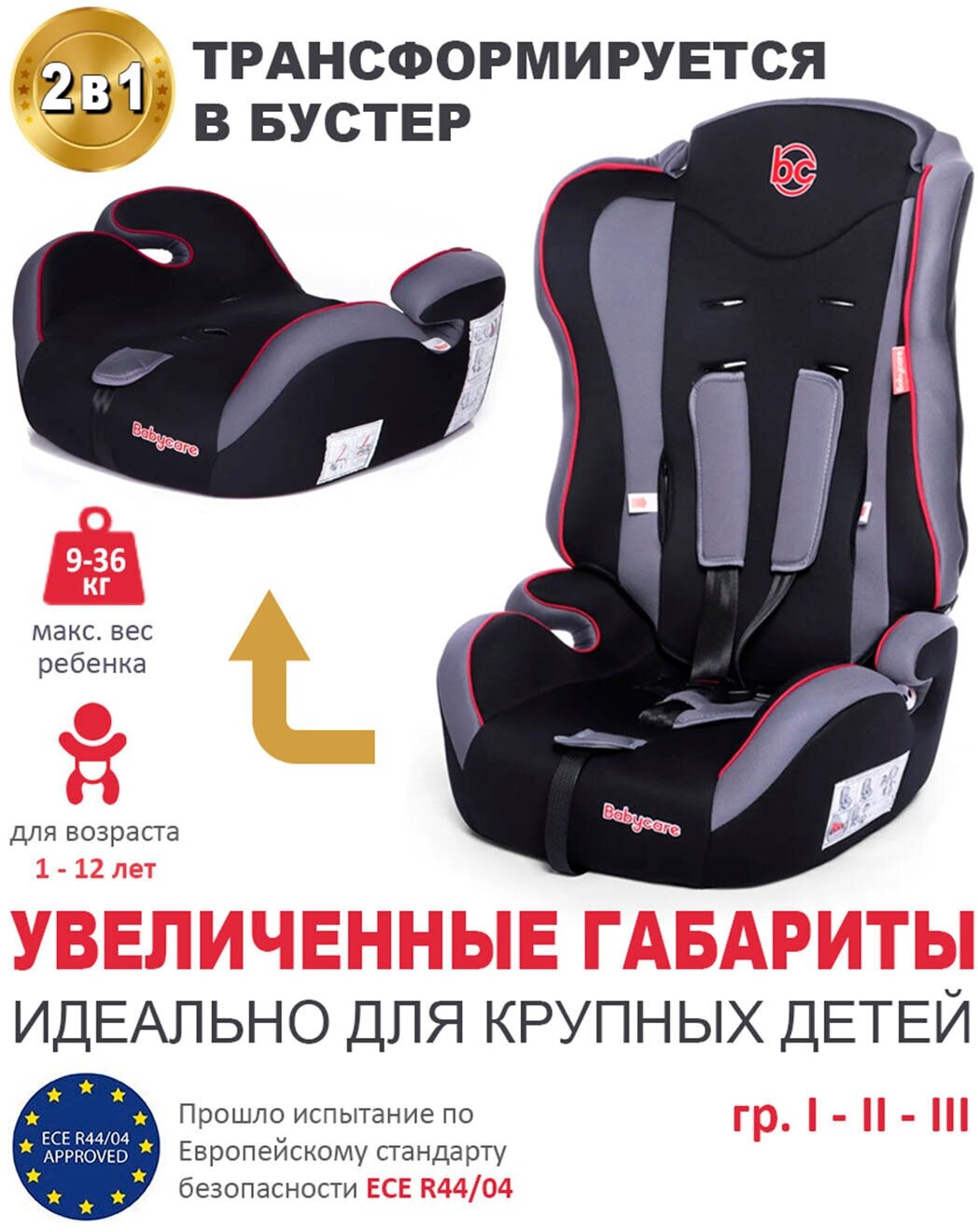 Baby Care Детское автомобильное кресло Upiter(без вкладыша) гр I/II/III, 9-36кг, (1-12лет),черный/красный