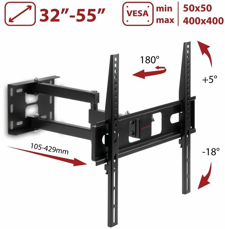 Кронштейн настенный Arm Media PT-15 Arm Media 10197 для телевизора черный 32"-55" макс.35кг поворотно-выдвижной и наклонный