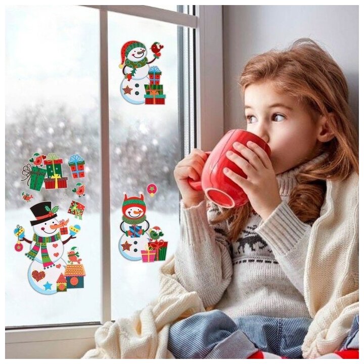 Наклейки на окна "Новогодние" снеговики, подарки, 41 х 29 см 7006891