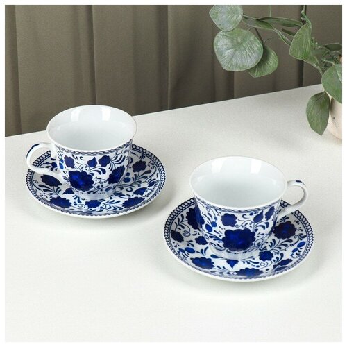 Набор чайный керамический Доляна Русский узор 4 предмета 2 чашки 210 мл 2 блюдца d141 см цвет синий 1013₽