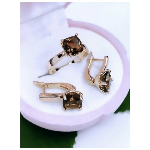 Комлпект бижутерии из дубайского золота КТ966 коричневые цирконы: серьги кольцо р.16