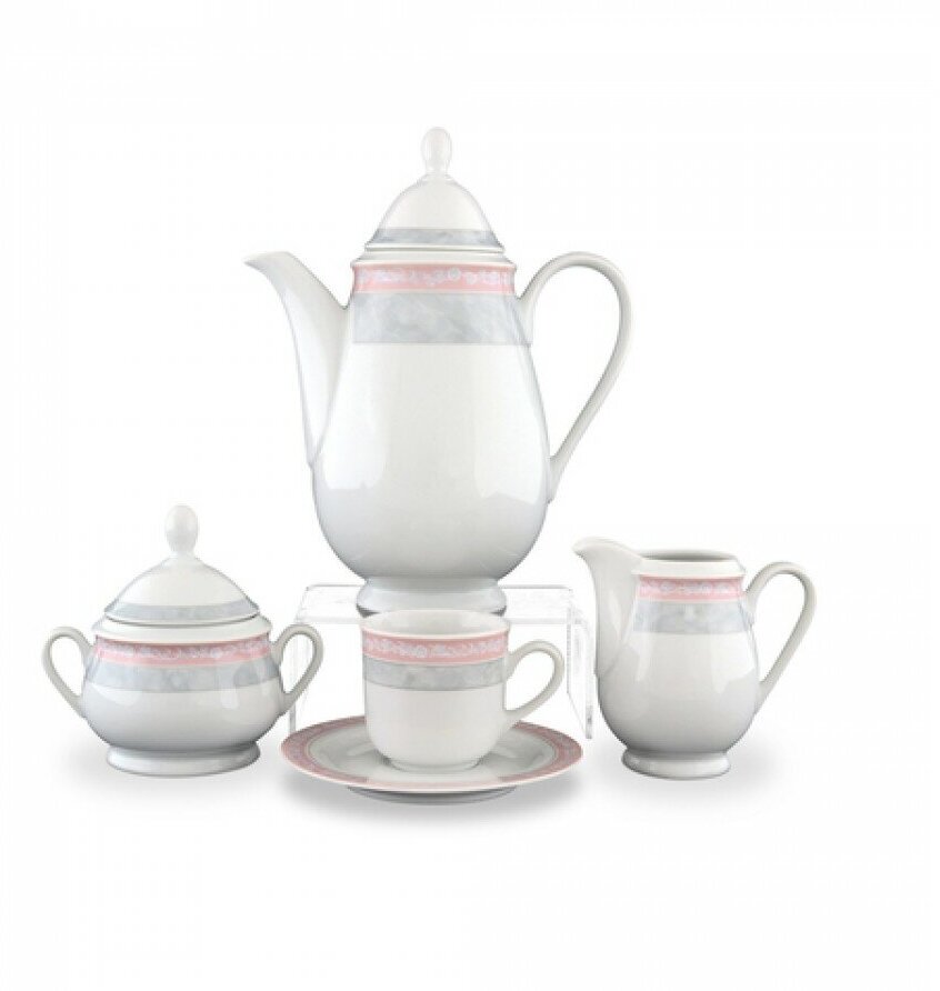 фото Кофейный сервиз Яна Серый мрамор с розовым кантом Thun на 6 персон