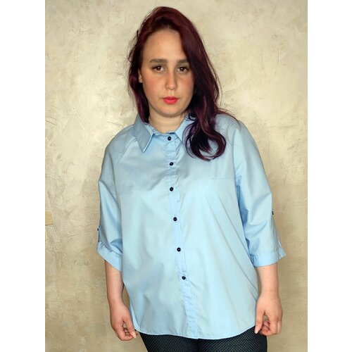 Блуза , свободный силуэт, укороченный рукав, размер 58, голубой