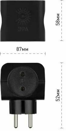 Четверник 4гн без З/К черный 220V+2xUSB 2400mA 10А SP-4-USB-B ЭРА - фотография № 5