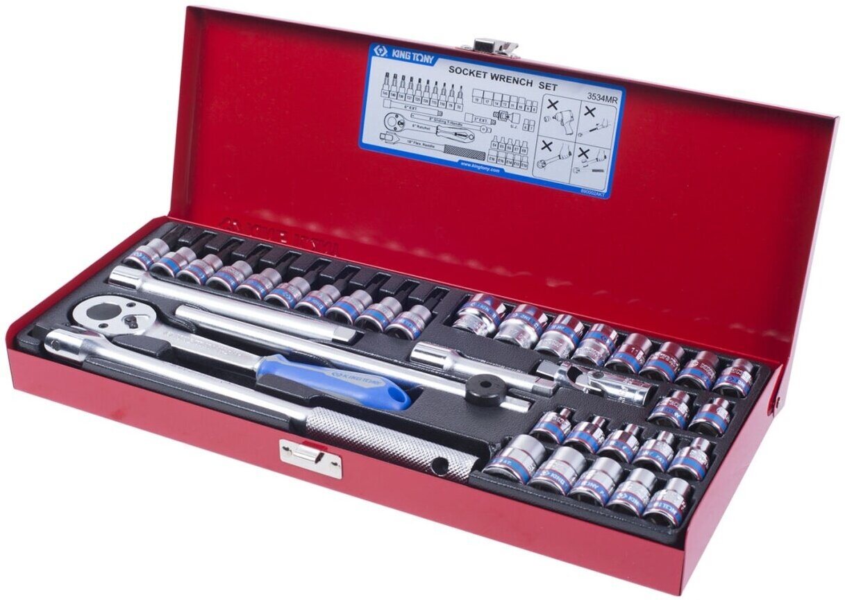 KING TONY Набор торцевых головок с принадлежностями 3/8", шестигранные, 6-19 мм 36 предметов 3534MR