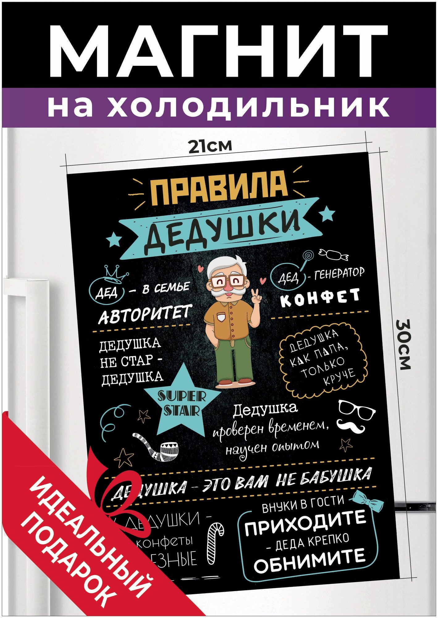 Правила дедушки отличный подарок деду на день рождения. Магнит на холодильник презент на юбилей любимому А4