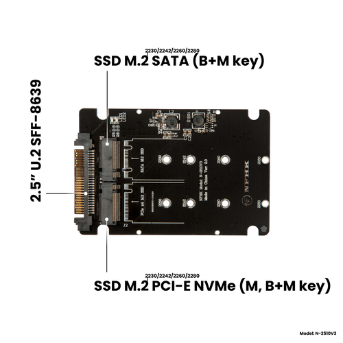 Адаптер-переходник для установки накопителей SSD M.2 SATA (B+M key) / M.2 PCIe NVMe (M key) в разъем 2.5 U.2 SFF-8639 / NFHK N-2510V3 адаптер переходник для установки накопителя ssd m 2 sata b m key в разъем sata 3 nfhk n 1835p