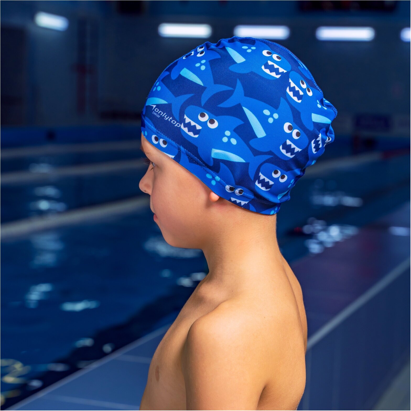 Шапочка ONLYTOP Swim «Акулы», для плавания, тканевая, обхват 46-52 см, цвет синий