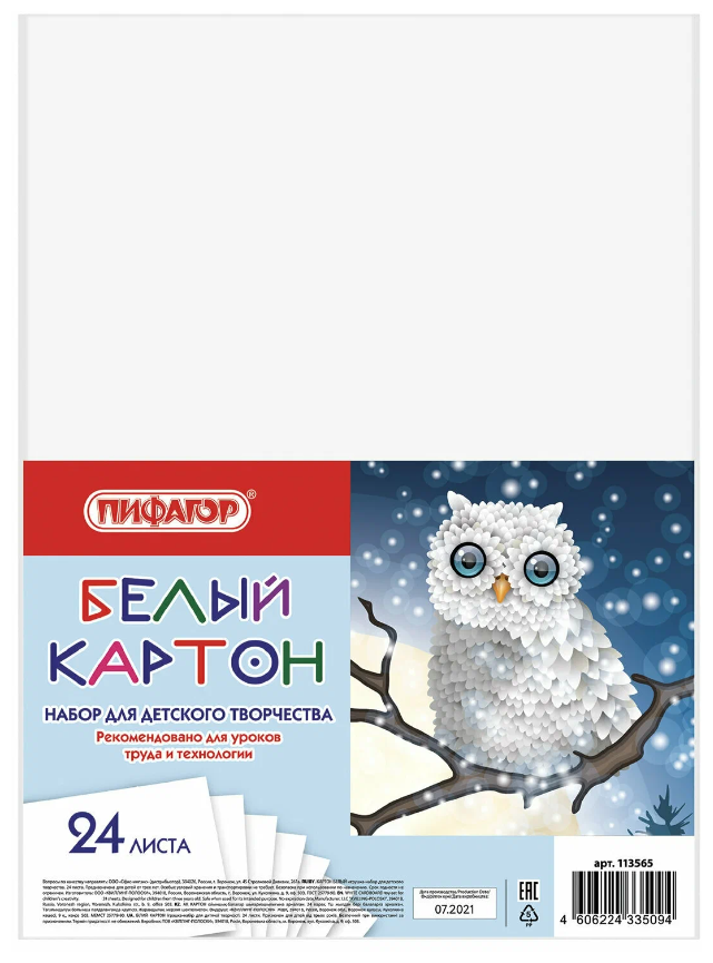 Картон белый А4 немелованный (матовый), 24 листа, Пифагор, 200х290 мм, Совушка