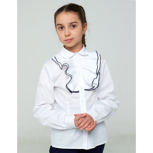 фото Школьная рубашка irina egorova, полуприлегающий силуэт, на пуговицах, длинный рукав, без карманов, воланы, однотонная, размер 128, белый