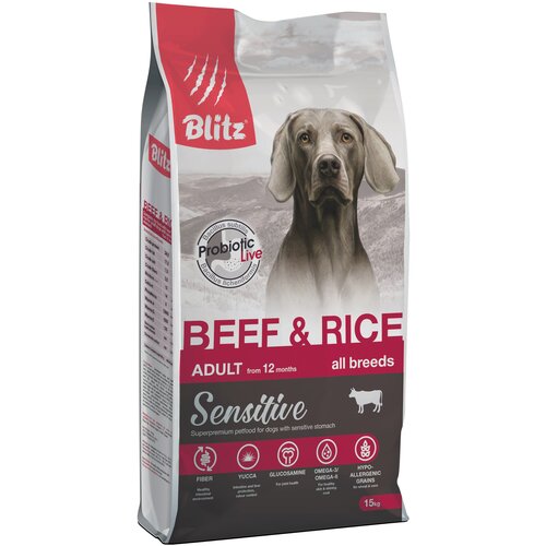 Сухой корм для собак Blitz при чувствительном пищеварении, говядина, с рисом 15 кг