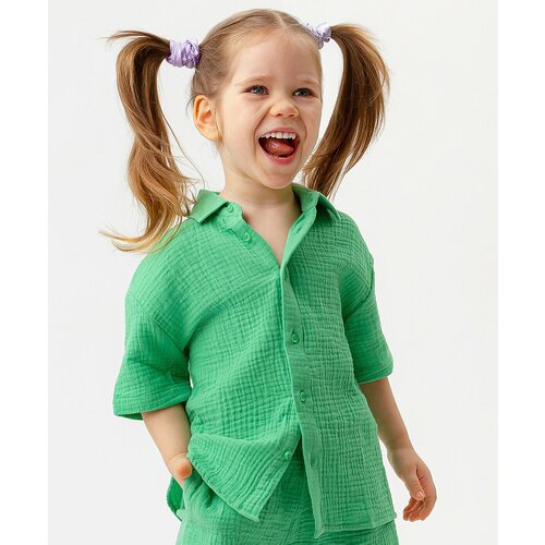 фото Рубашка с коротким рукавом зеленая button blue, для девочек, размер 128, мод 123bbgmc22014800