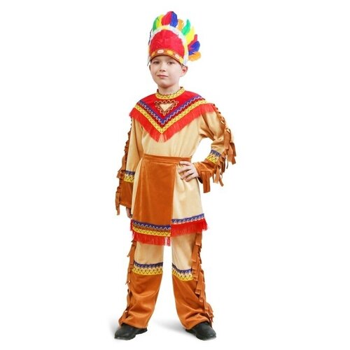 фото Карнавальный костюм "индеец" для мальчика, куртка, брюки, фартук, головной убор, р. 40, рост 152 см страна карнавалия