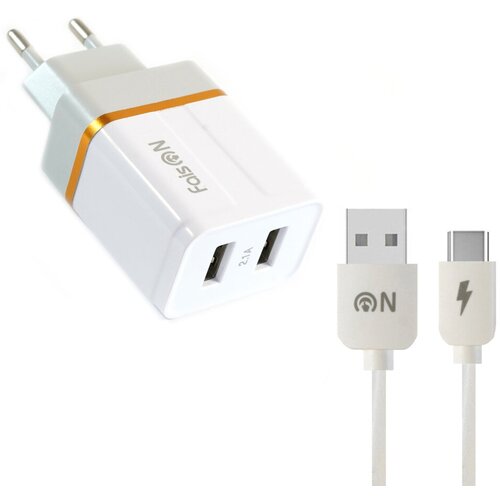 Сетевая зарядка FaisON 2xUSB C-30, Shine, 2.1A, кабель Type-C, белый сетевая зарядка faison 2xusb c 21 skill 2 1a кабель микро usb белый