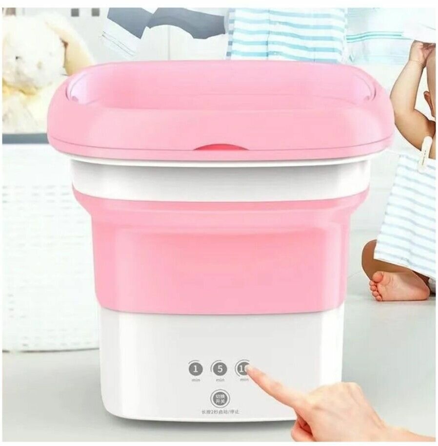 Мини стиральная машина автомат складная / Портативное ведро для стирки с отжимом розовое - фотография № 8