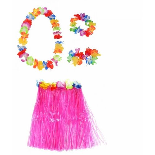 Гавайская юбка розовая 60 см, ожерелье лея 96 см, венок, 2 браслета (набор) гавайская юбка разноцветная 80 см ожерелье лея 96 см венок 2 браслета набор