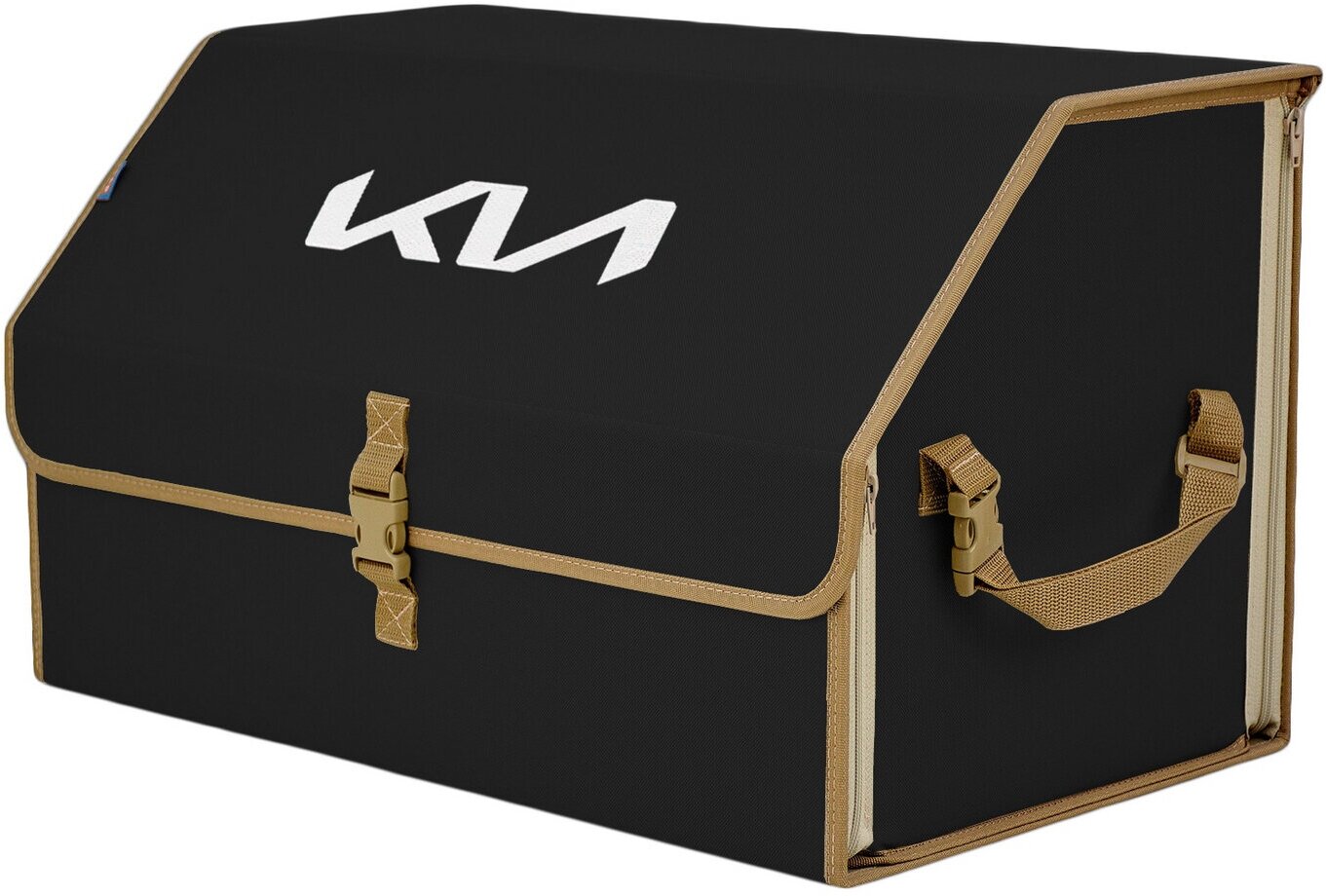 Органайзер-саквояж в багажник "Союз" (размер XL). Цвет: черный с бежевой окантовкой и вышивкой KIA (КИА).
