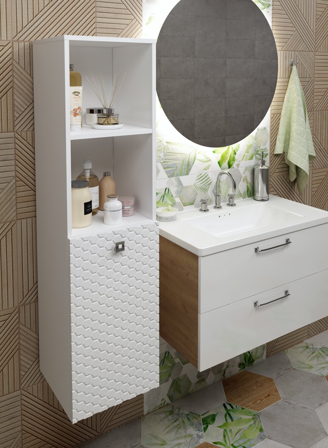 Шкаф для ванной комнаты, REGENT style, Пенал Соната 2ниши 1корзина, белый, правый, 114*30*30