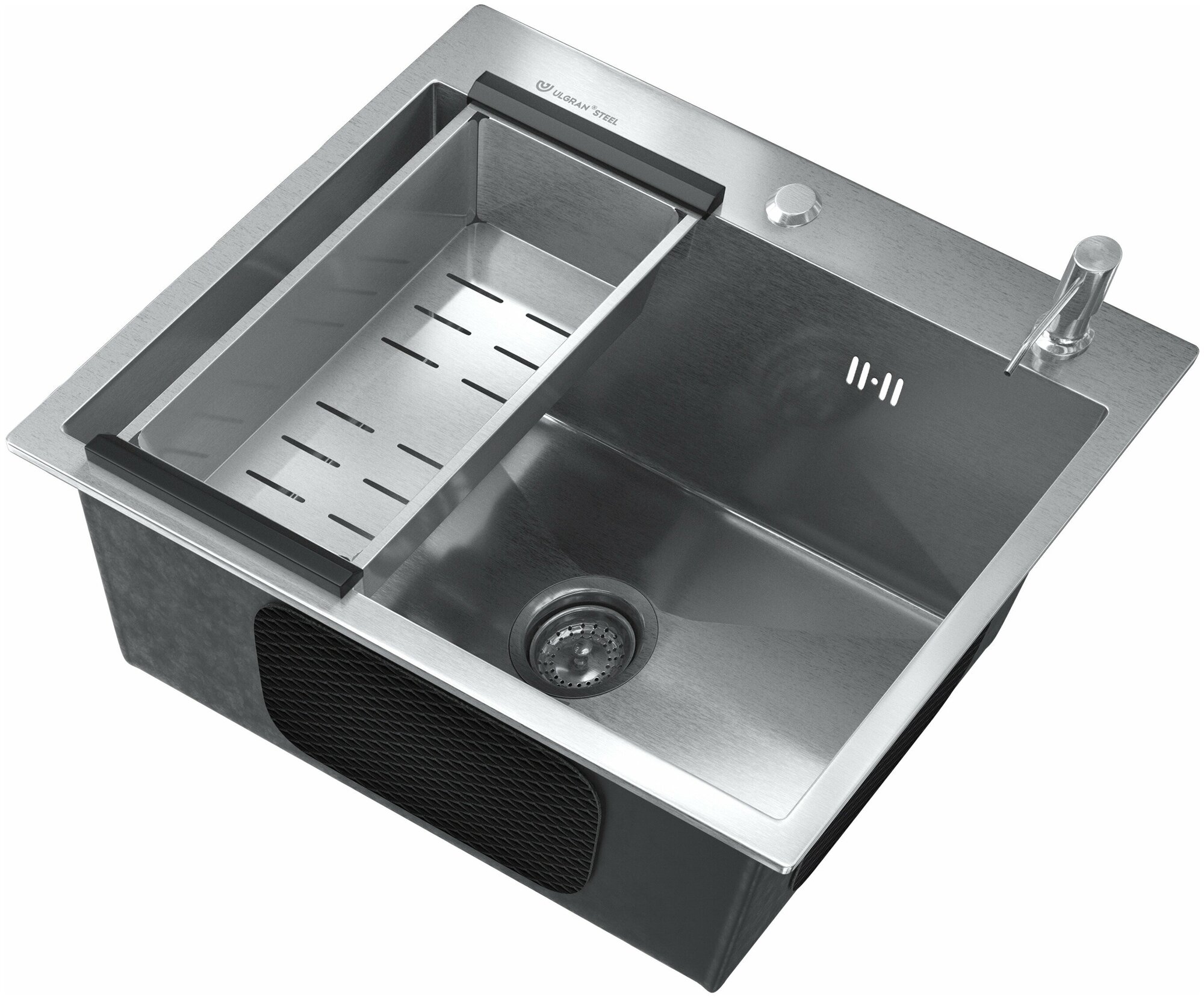 Комплект кухонная мойка брашированная нержавеющая сталь ULGRAN 50 х 45 см с коландером, дозатором и сливной арматурой - фотография № 3