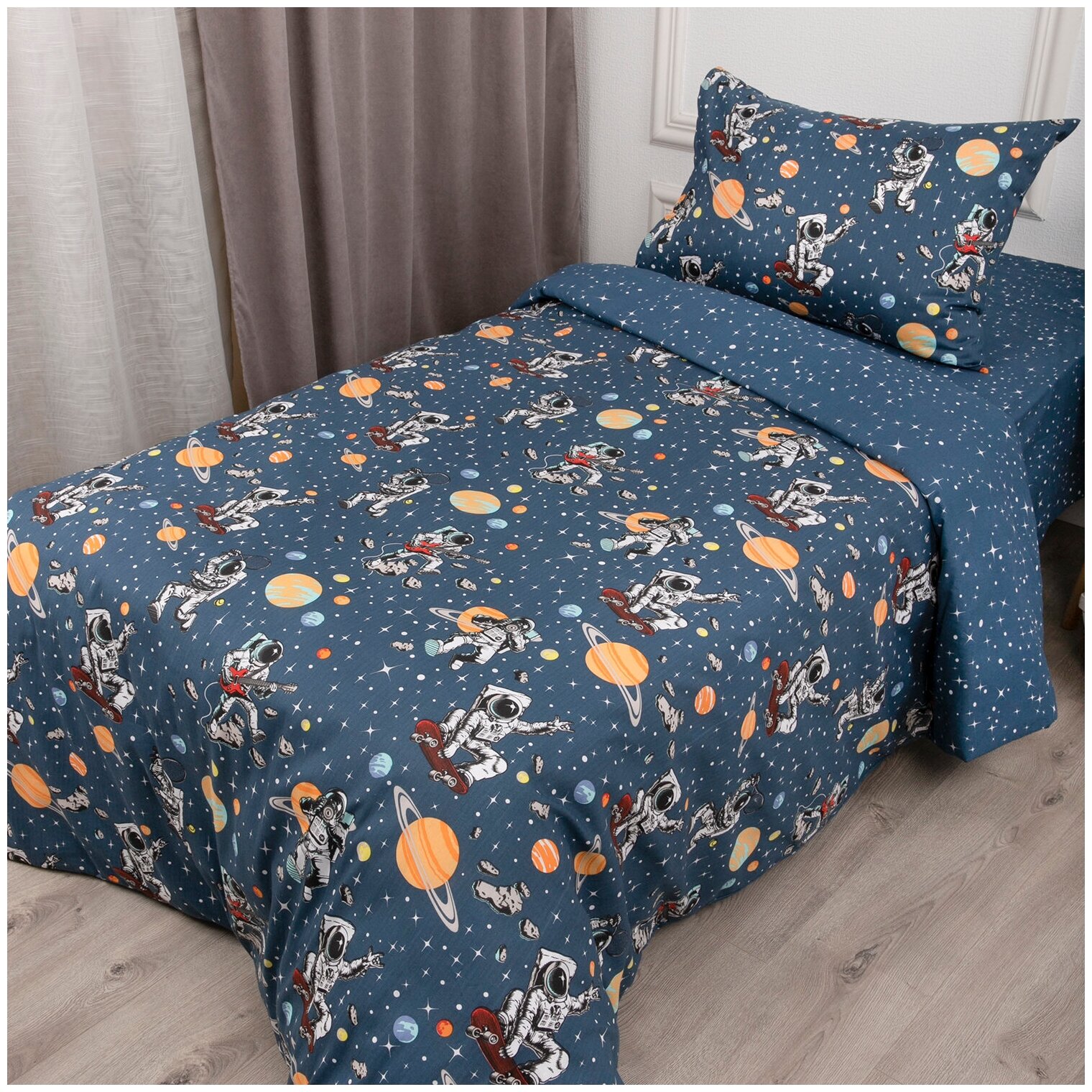 Постельное белье 1,5 спальное "Астронавты" в детскую кровать