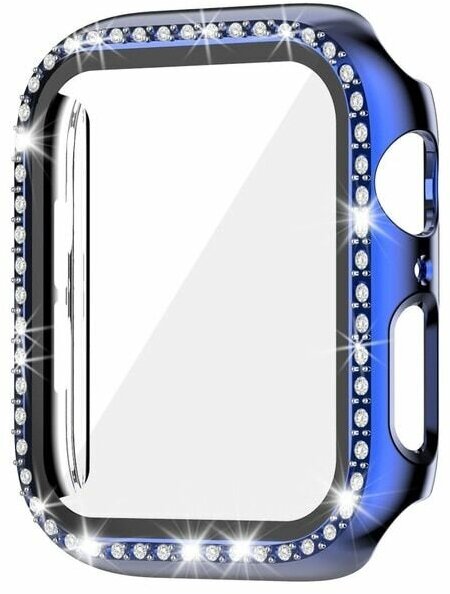 Защитный пластиковый чехол (кейс) Apple Watch Series 1 2 3 (Эпл Вотч) 42 мм для экрана/дисплея и корпуса противоударный бампер синий со стразами