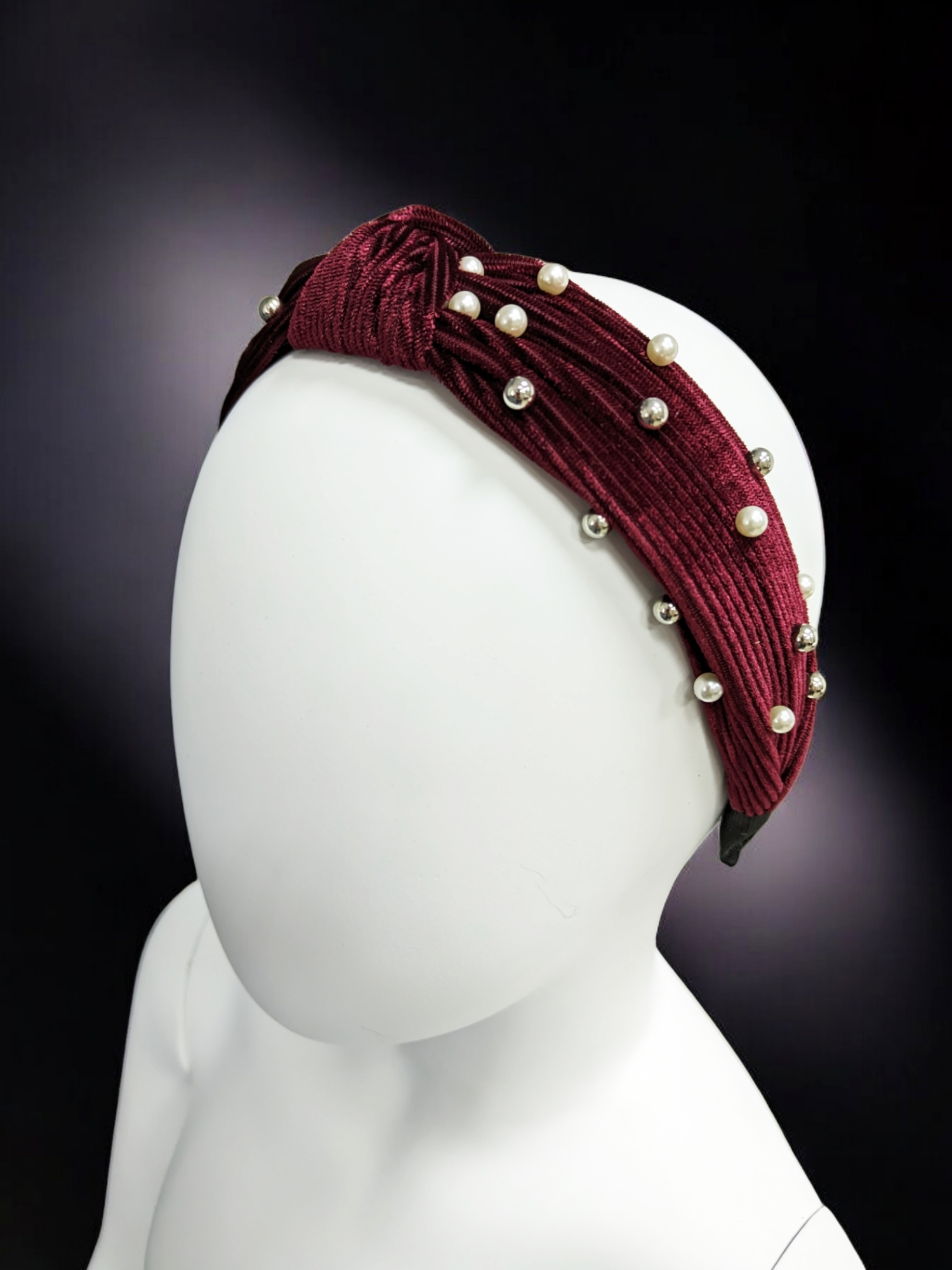 Ободок-чалма, с бусинами, бордовый
