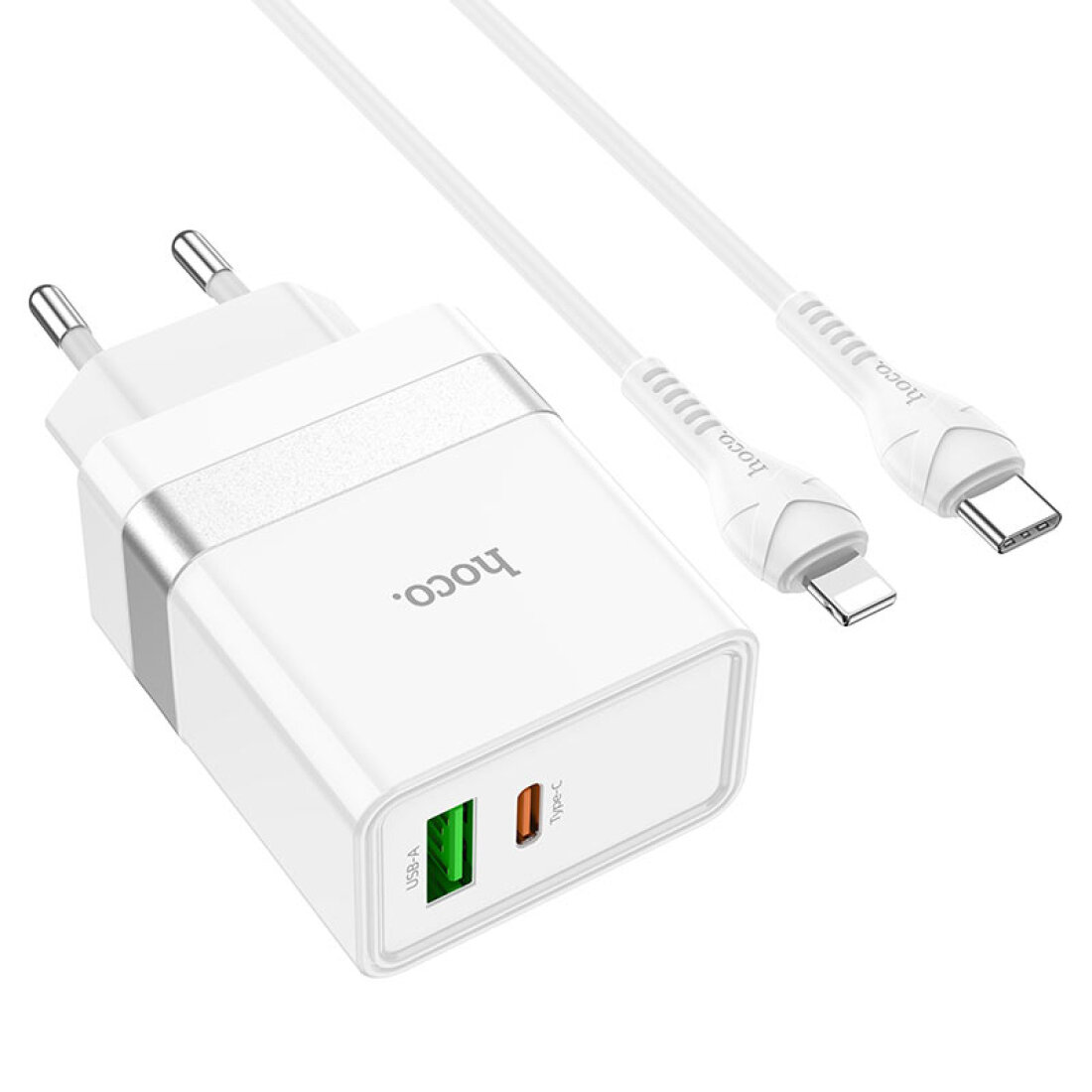 Сетевое зарядное устройство, 1 USB 3.0 QC+1 PD 30W (N21), HOCO, Type-C to Lightning, белая