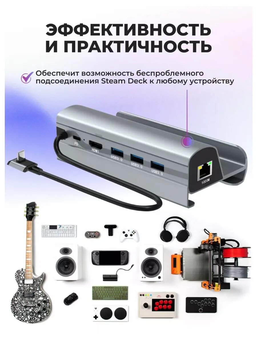 Док станция хаб USB-С 6 в 1 для Steam Deck Серебро